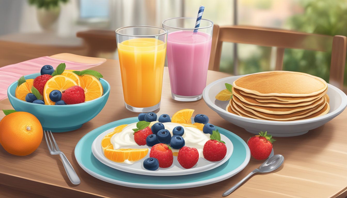 A table set with a colorful array of fresh fruit, yogurt, and granola, alongside a plate of fluffy whole grain pancakes and a glass of freshly squeezed orange juice