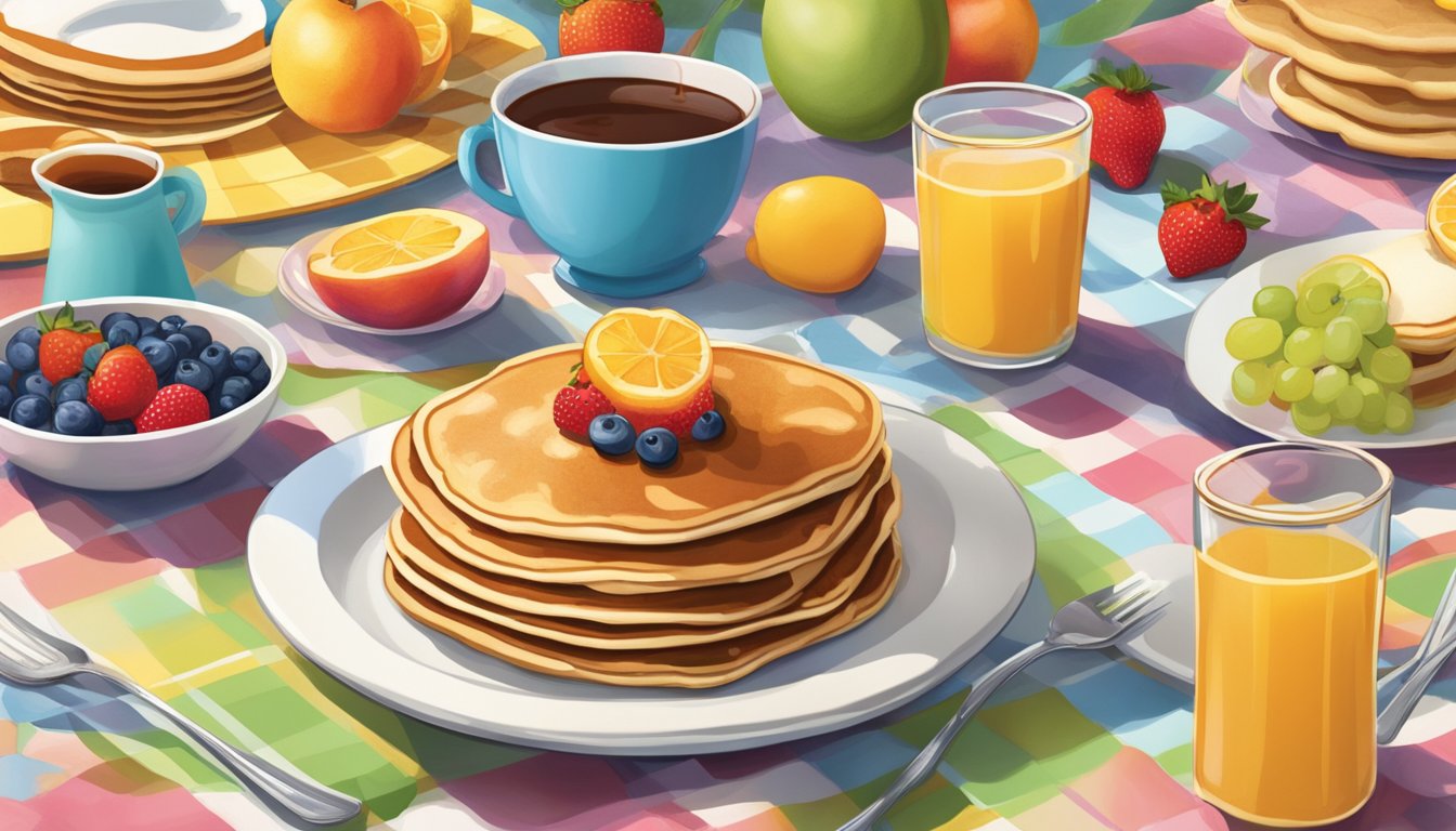 A colorful, whimsical breakfast spread with pancakes, waffles, fruit, and syrup on a fun, kid-friendly table setting