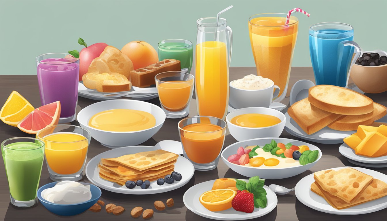 A colorful array of breakfast beverages and accompaniments arranged on a table