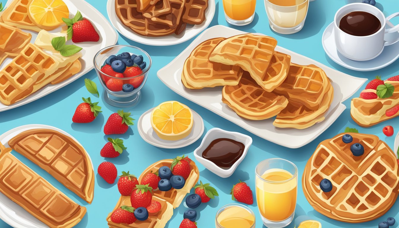 A table set with a variety of sweet breakfast items, including pancakes, waffles, and pastries, surrounded by colorful fruit and syrup