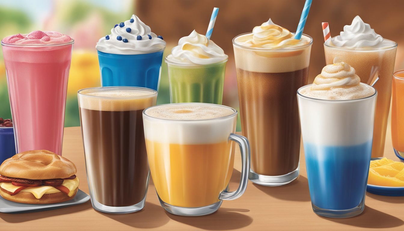 A colorful array of beverage choices displayed on the IHOP breakfast menu, including coffee, juice, and milkshakes