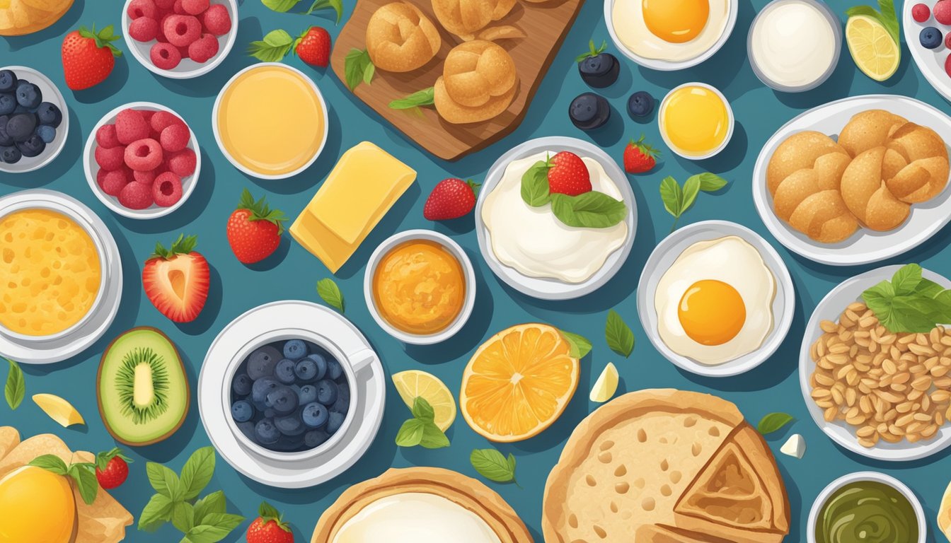 A colorful breakfast spread with various food items and labels