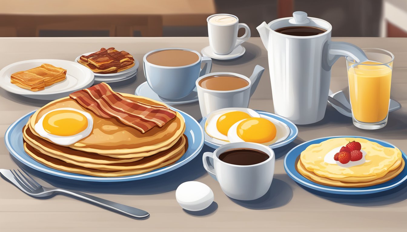 A table set with a variety of IHOP breakfast items, including pancakes, eggs, bacon, and coffee, ready for takeout