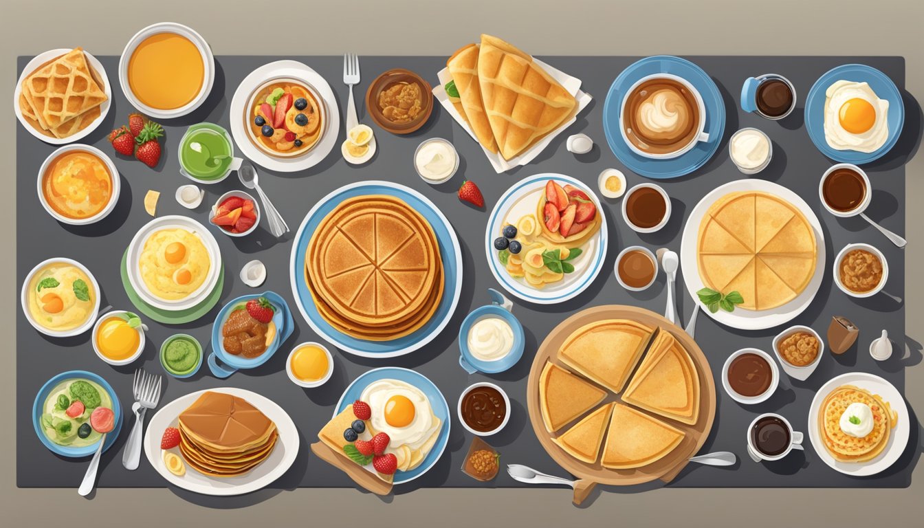 A table set with a variety of breakfast items from around the world, including pancakes, crepes, waffles, and savory toppings