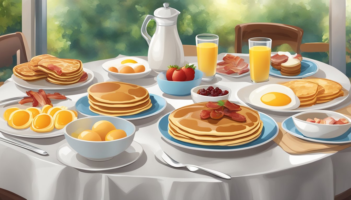 A table set with a variety of breakfast items, including pancakes, eggs, bacon, and fruit, with a menu in the background