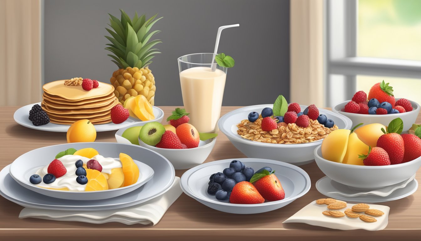 A table set with a variety of fresh fruits, whole grain pancakes, and a selection of low-fat yogurt and granola parfait