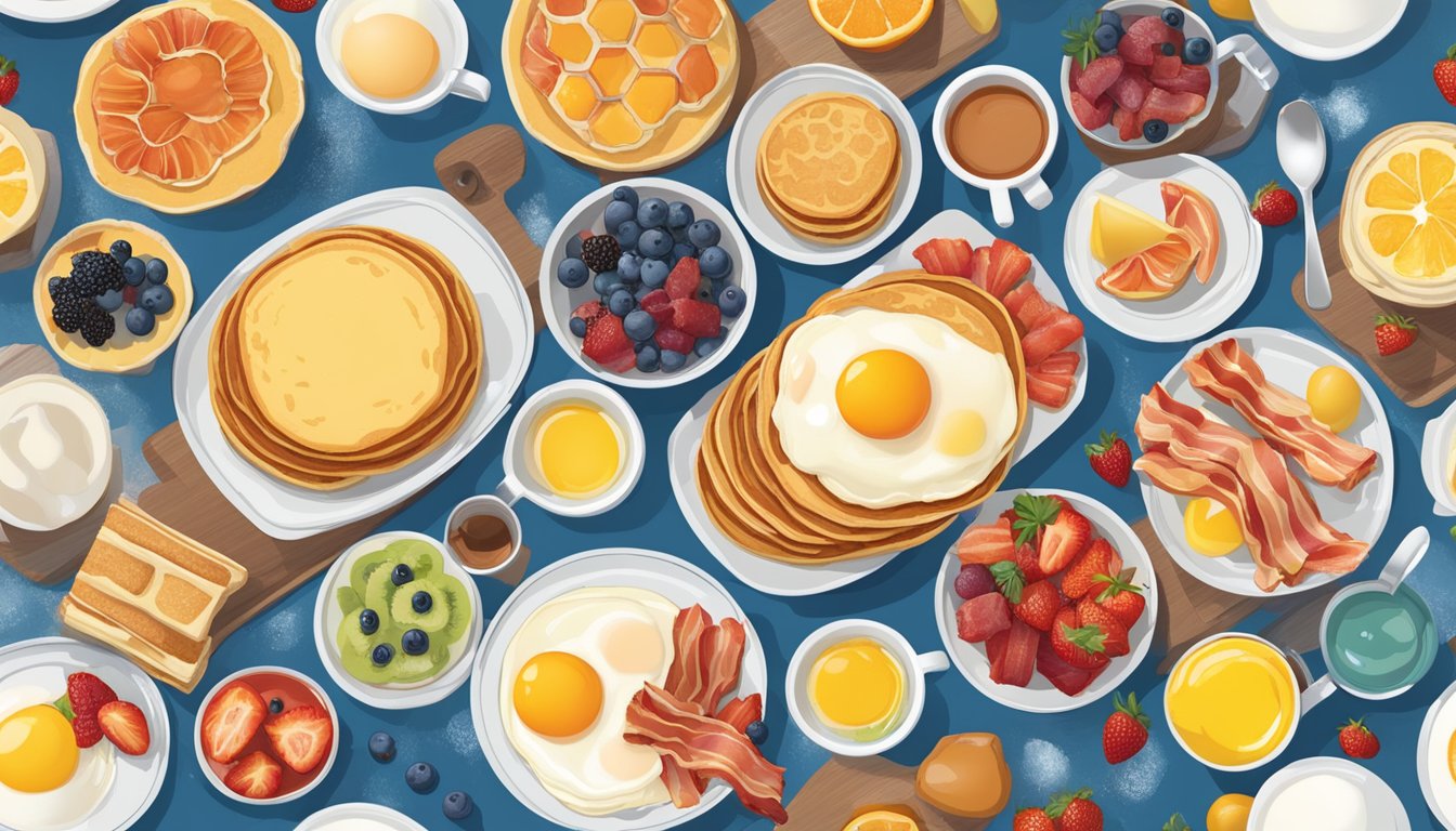 A colorful breakfast spread with pancakes, eggs, bacon, and fruit on a fun, illustrated menu