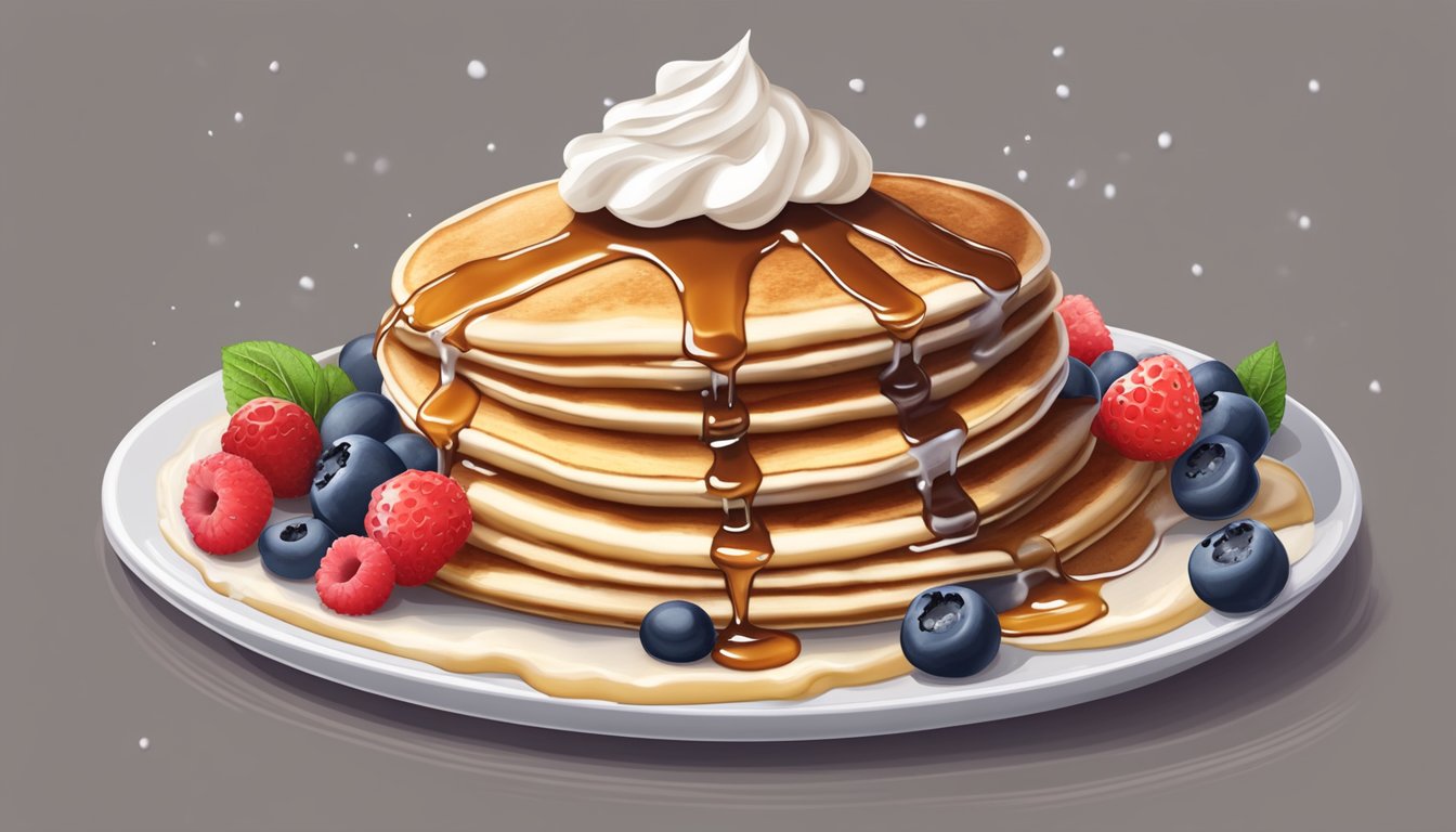 A stack of fluffy pancakes topped with whipped cream and berries, surrounded by a drizzle of syrup and a dusting of powdered sugar