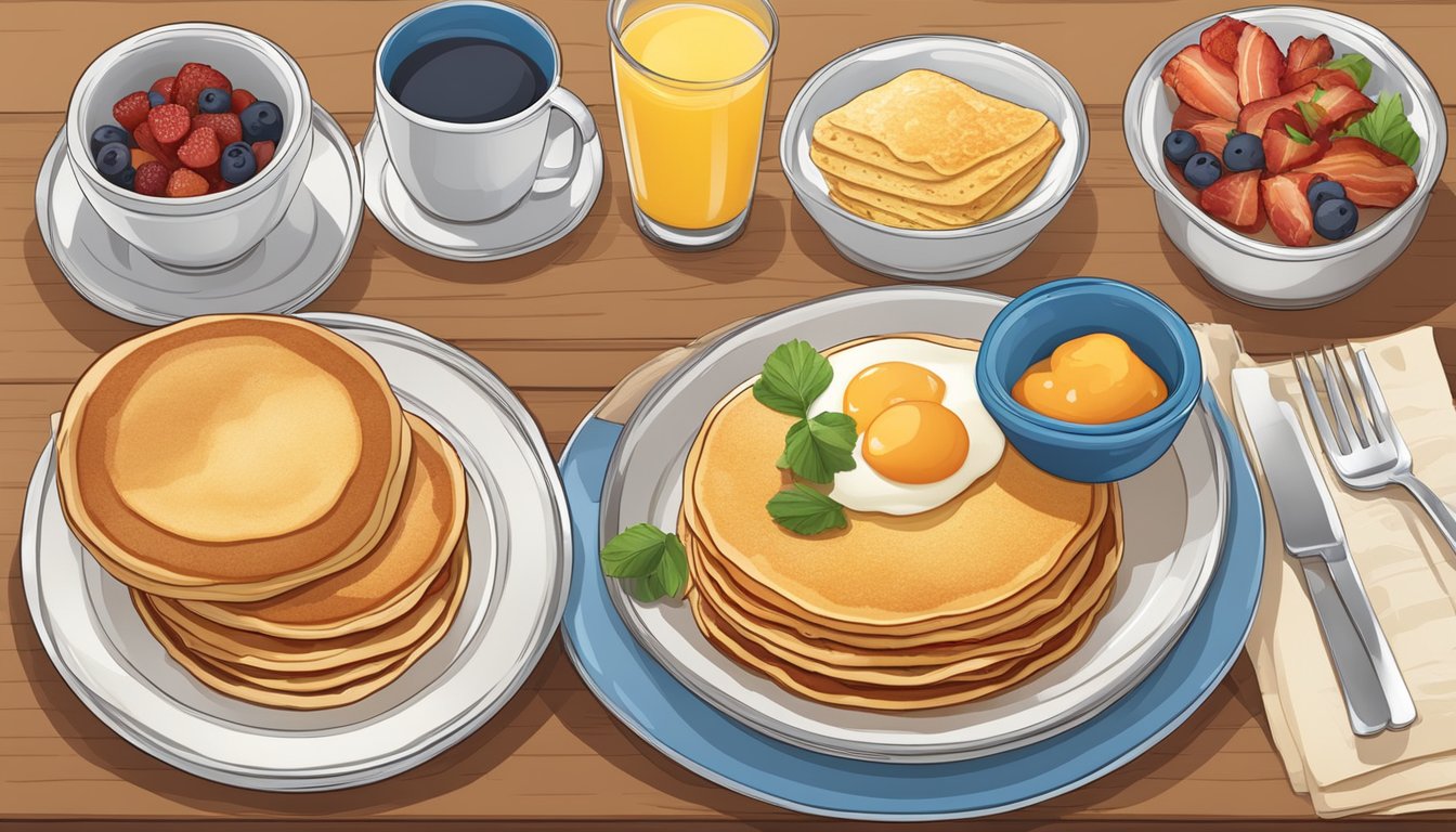 A table set with a variety of breakfast items, including pancakes, eggs, bacon, and fruit, with a menu displaying nutritional information