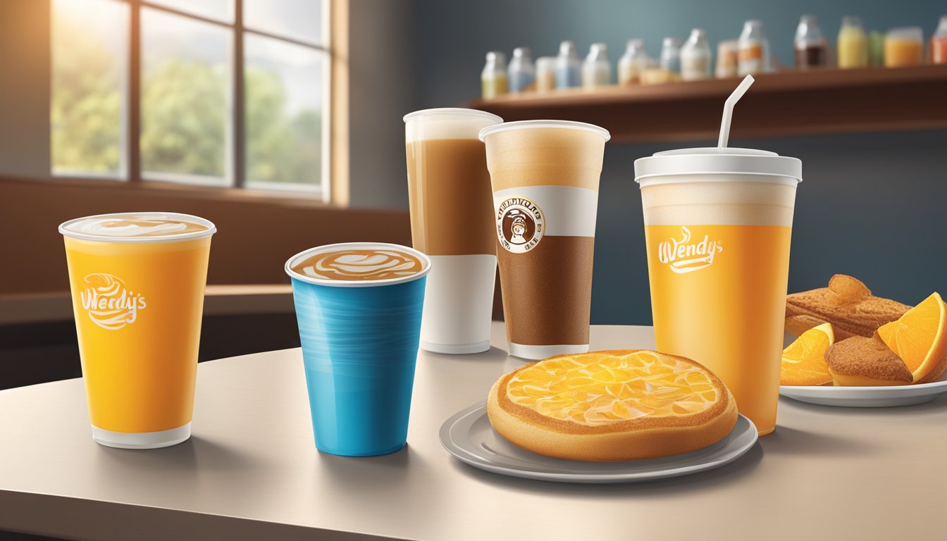 A table with a variety of breakfast beverages from Wendy's, including coffee, orange juice, and soft drinks, with prices displayed