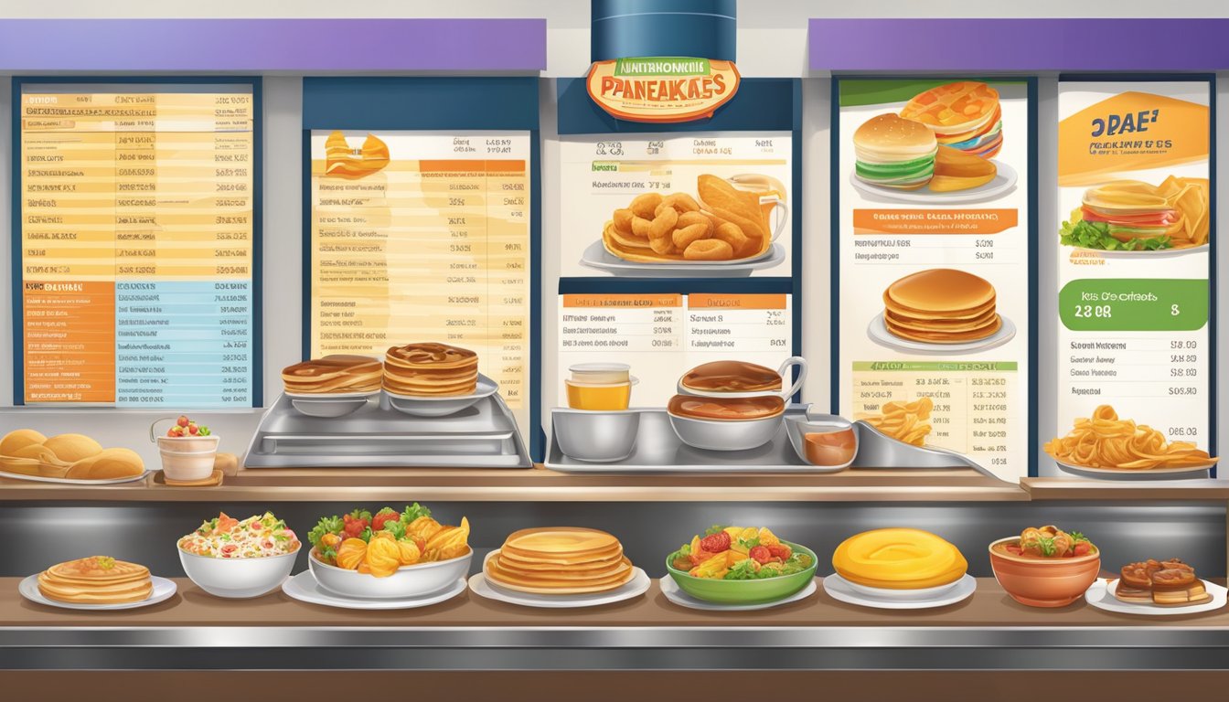 A colorful menu board displays various breakfast items with pricing and deals at an International House of Pancakes restaurant