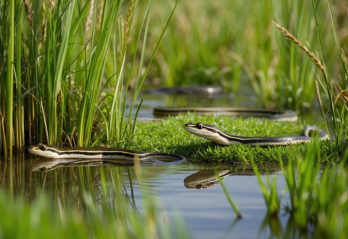 Amphibians and grass snakes in a lush, wetland habitat with tall grasses, reeds, and a shallow body of water