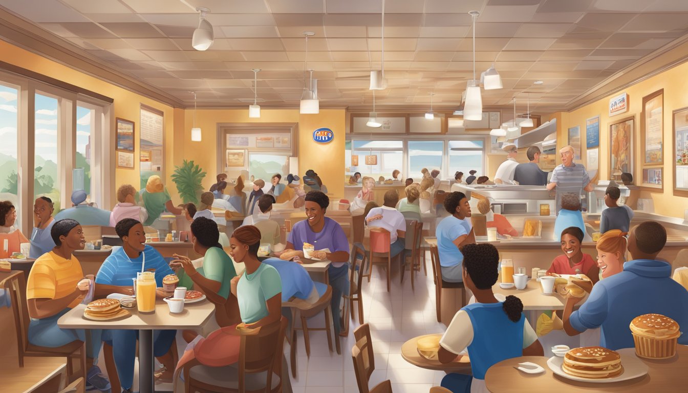 A bustling IHOP restaurant with a diverse crowd enjoying a variety of pancakes, waffles, and breakfast dishes from around the world