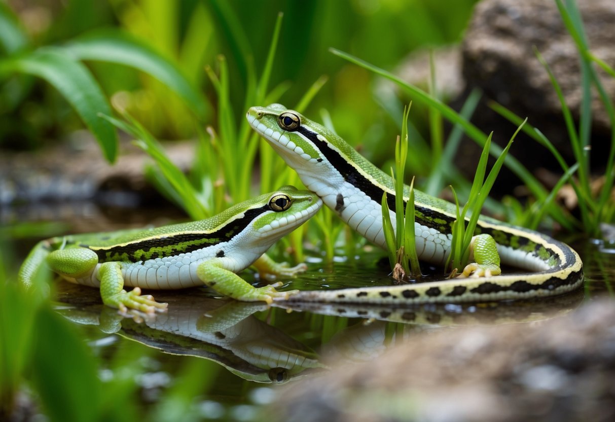 Amphibians and grass snakes coexisting in a lush, damp environment with a mix of water, vegetation, and rocky terrain