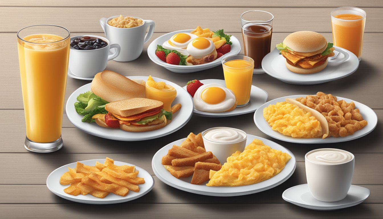 A table set with a variety of breakfast sides and beverages from the Dairy Queen menu