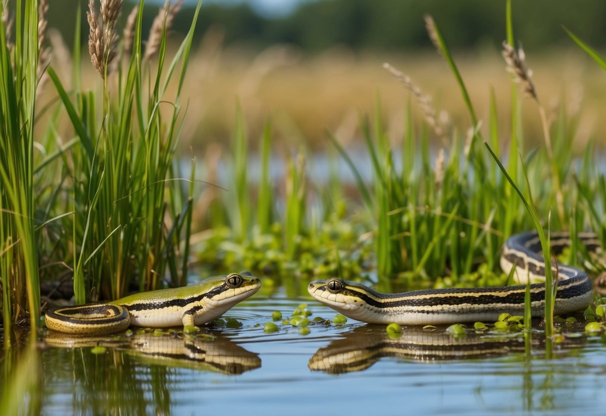 Amphibians and grass snakes in a wetland habitat, surrounded by tall grasses and water