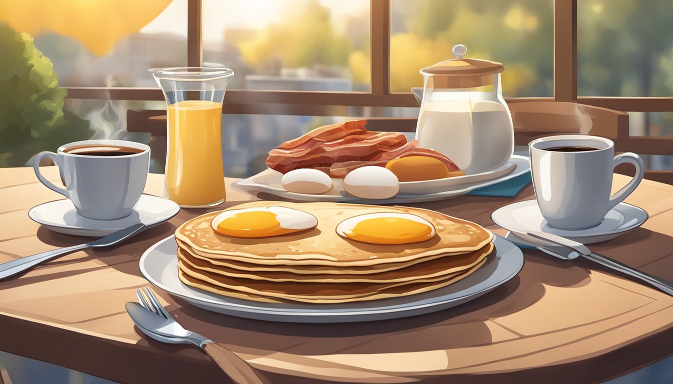 A sunny morning with a table set with pancakes, eggs, bacon, and coffee. A clock shows it's still early