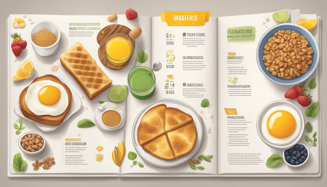 A breakfast menu spread with nutritional and allergen information displayed prominently