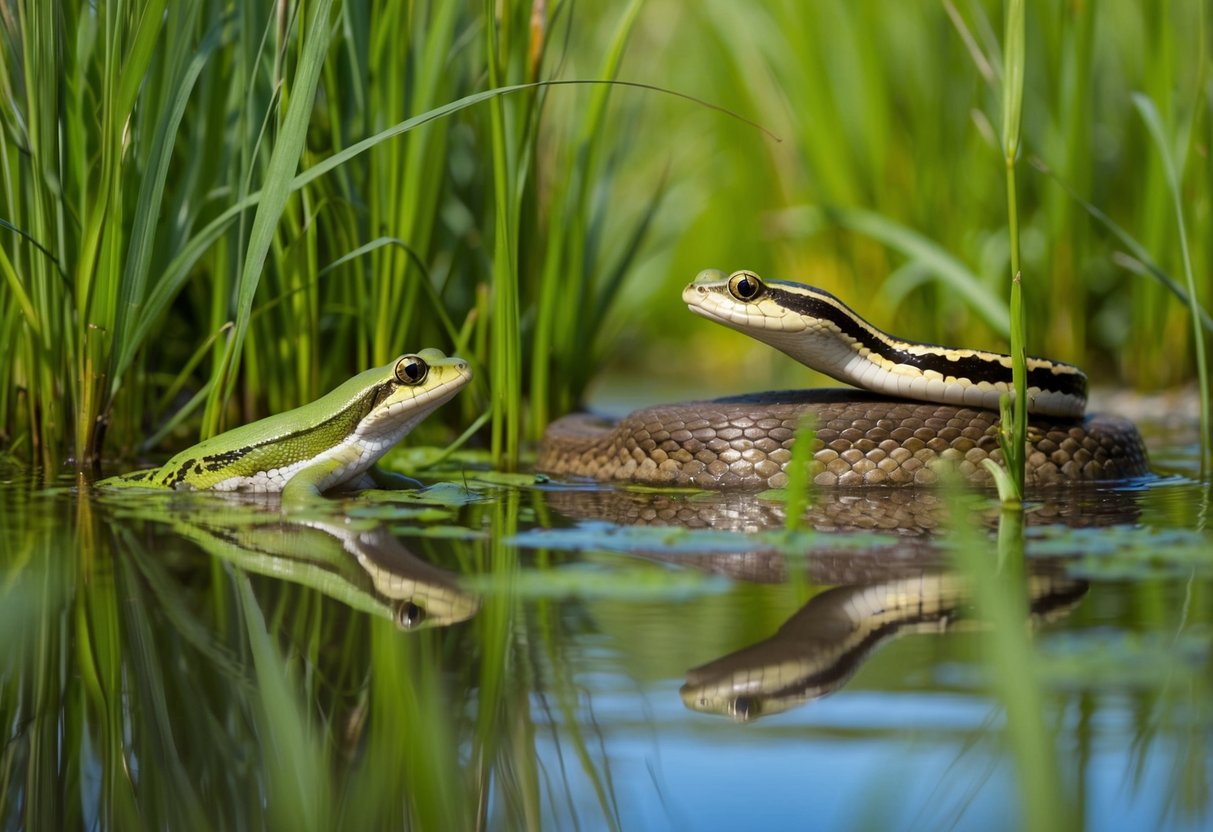 Amphibians and grass snakes in a lush wetland habitat, surrounded by tall grasses and water