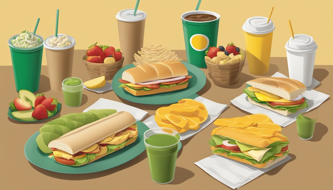 A table with a spread of Subway breakfast items, including sandwiches, wraps, and fresh fruit, with corresponding nutritional information displayed next to each item