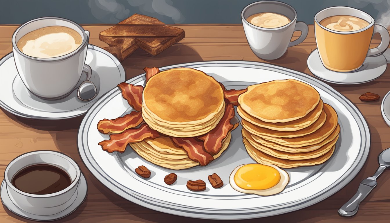 A table set with a steaming cup of coffee, crispy bacon, fluffy pancakes, and a plate of scrambled eggs with toast