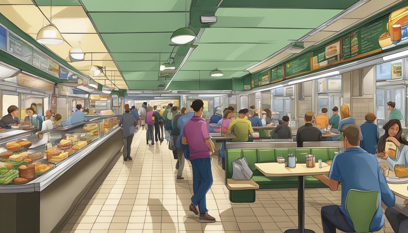 A bustling subway station with a breakfast menu displayed at a dining area