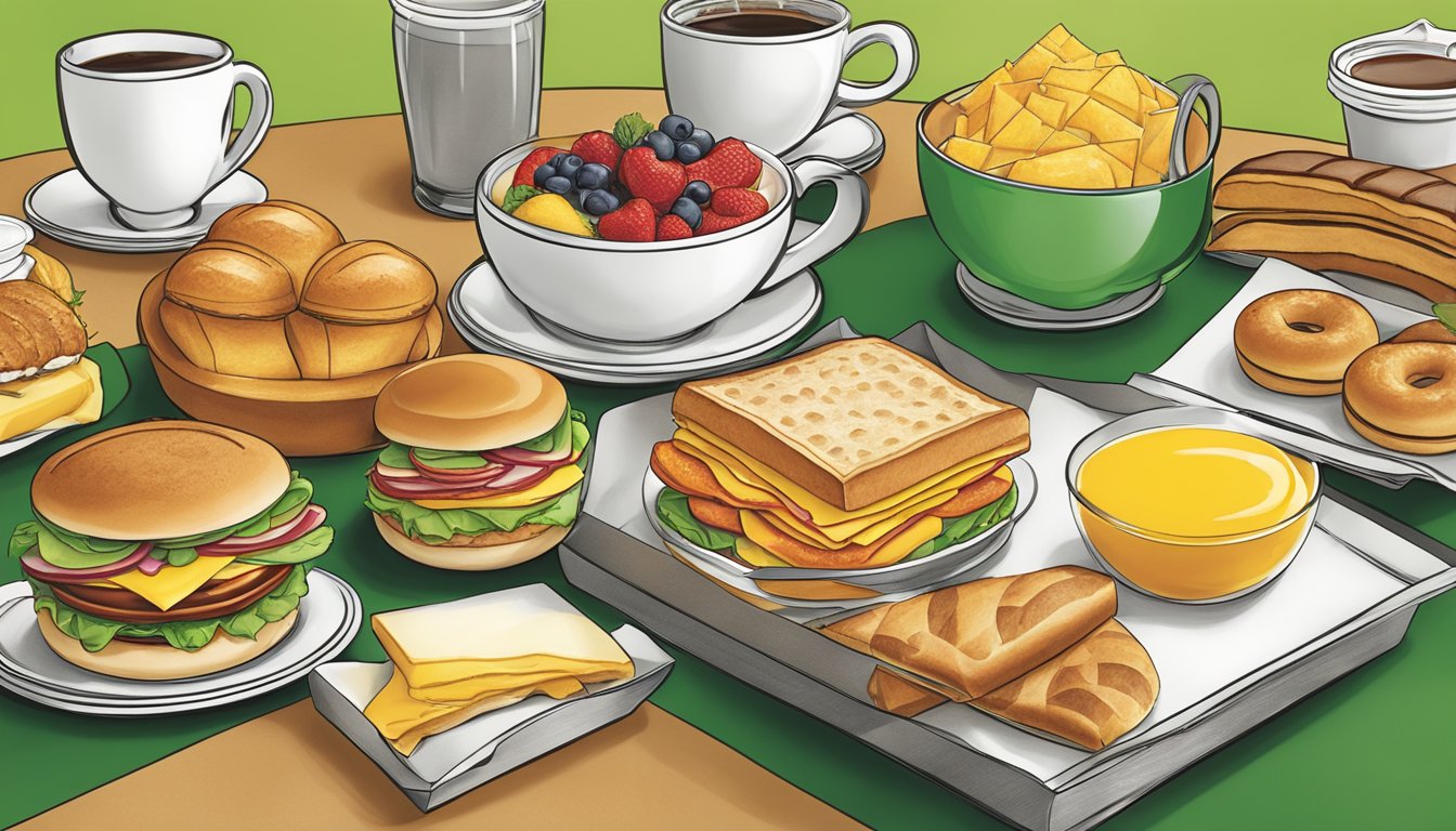 A breakfast menu displayed at a Subway restaurant, featuring a variety of additional offerings such as pastries, coffee, and breakfast sandwiches