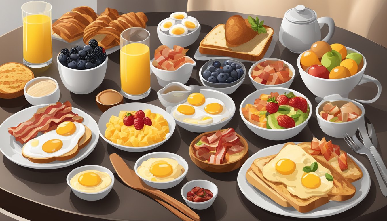 A table set with a variety of breakfast sides and add-ons, including fruit, toast, eggs, and bacon, arranged in an appetizing display