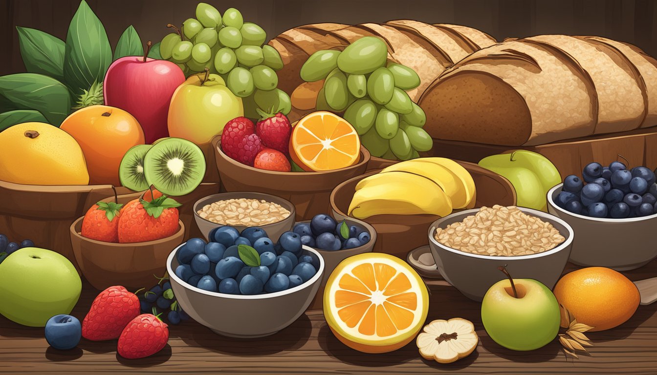 A colorful array of fresh fruits, whole grain breads, and steaming oatmeal on a rustic wooden table