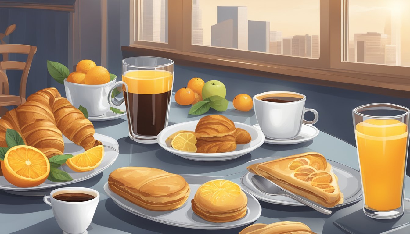 A table set with coffee, tea, and orange juice, accompanied by pastries and fruit, on a breakfast club menu