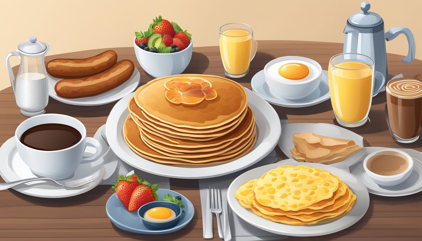 A table set with a variety of breakfast items including pancakes, eggs, bacon, sausage, and hash browns, with a side of fresh fruit and coffee