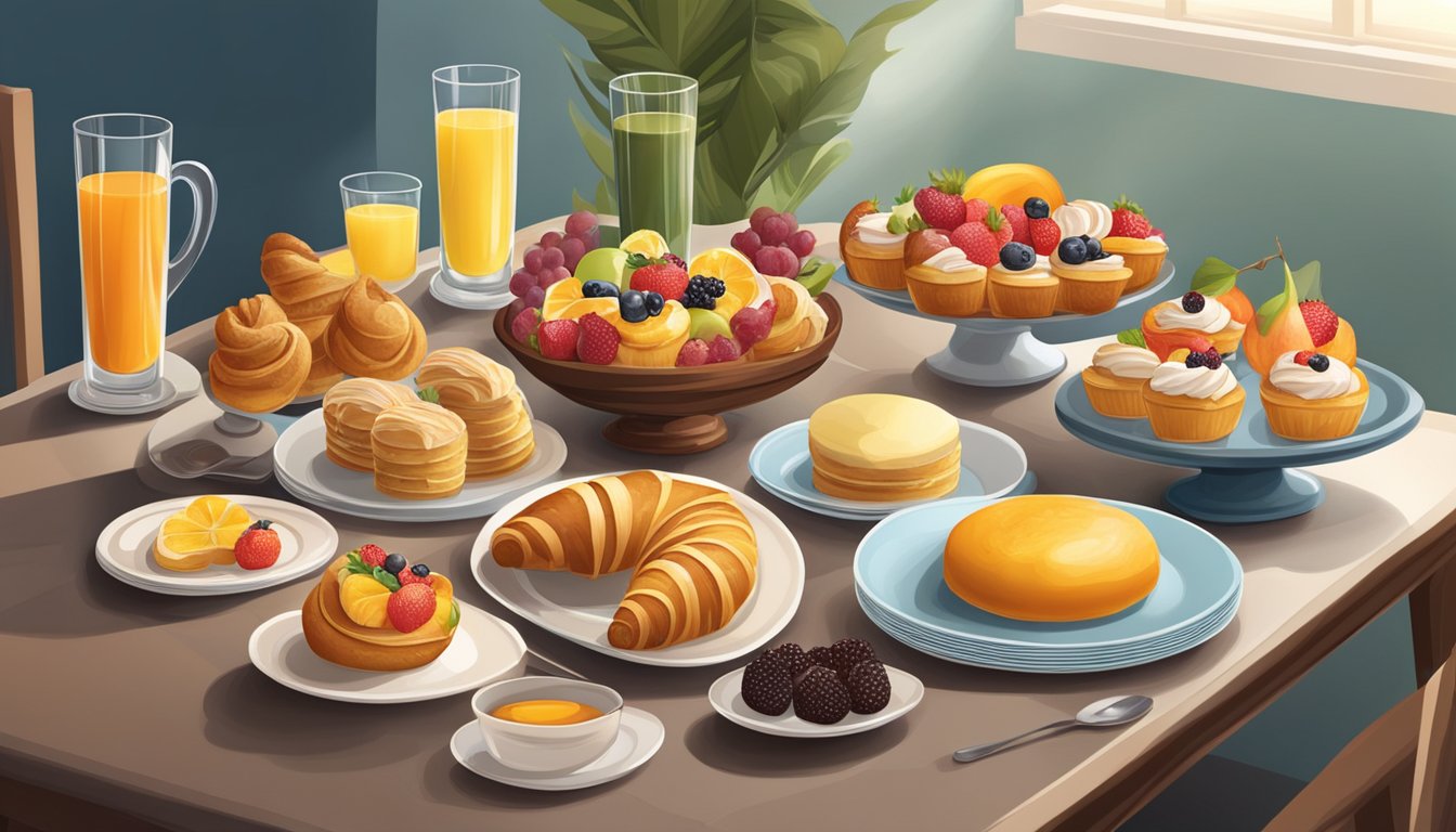 A table set with an assortment of pastries, fruits, and breakfast treats