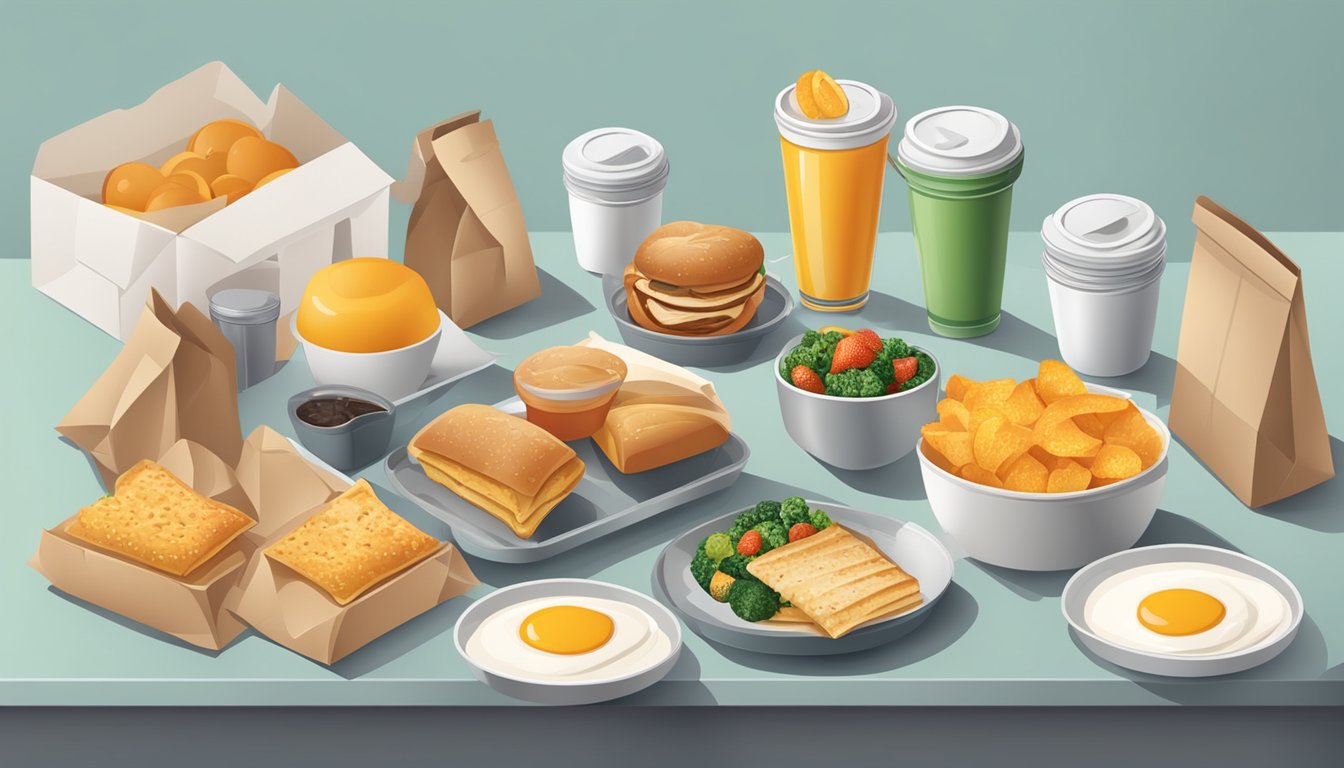 A table set with breakfast items, surrounded by takeout containers and delivery bags