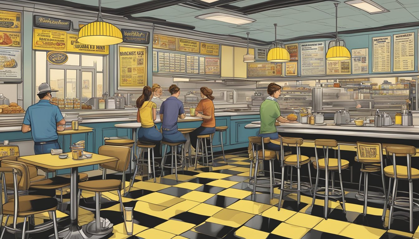 A bustling Waffle House with a full breakfast menu on display, featuring prices from a bygone era