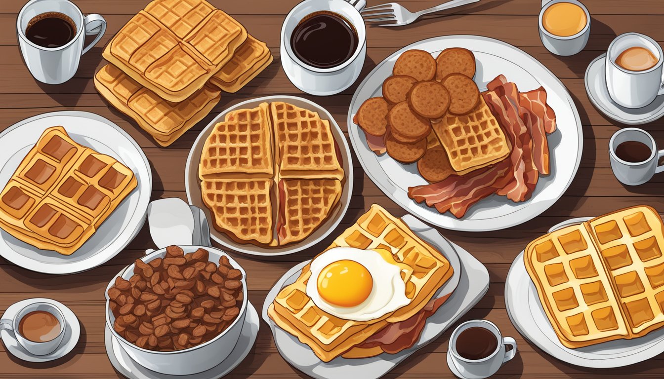 A table set with a spread of waffles, eggs, bacon, sausage, and hash browns, with a side of toast and a cup of coffee