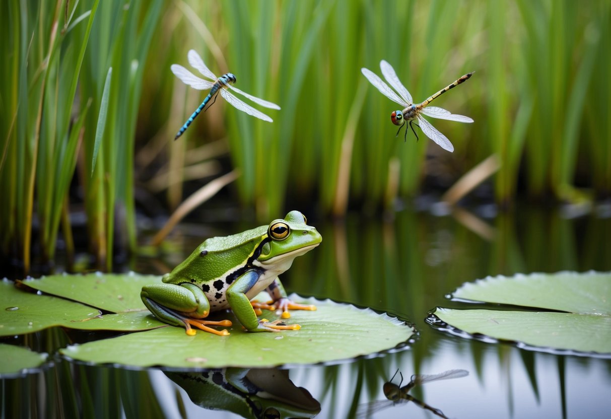 A frog perched on a lily pad, dragonflies hovering, and tall grasses swaying at the water's edge