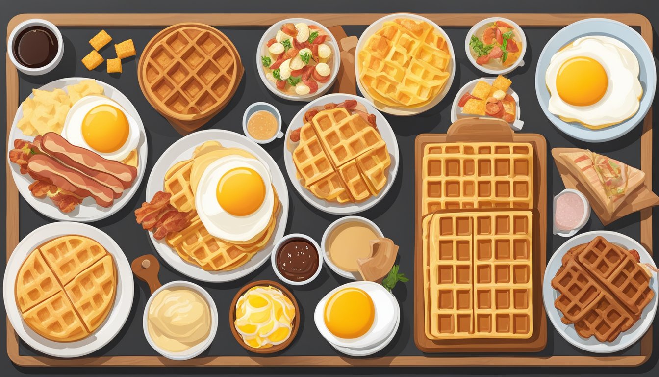 A colorful array of waffles, eggs, bacon, sausage, hash browns, and pancakes arranged on a menu board with prices displayed