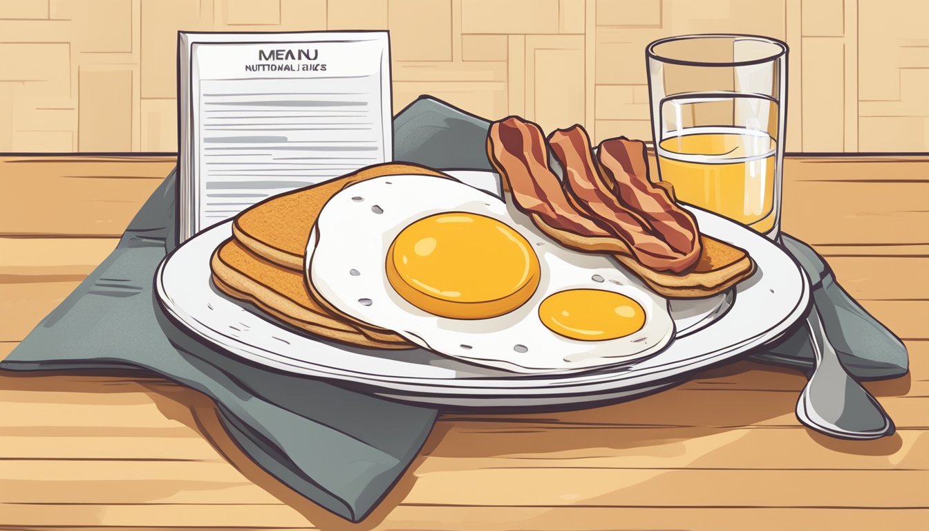 A table with a plate of eggs, bacon, toast, and a glass of orange juice, alongside a menu displaying nutritional information for breakfast items