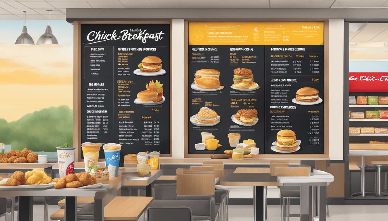 A colorful menu board displays Chick-fil-A breakfast items with corresponding nutritional information and prices