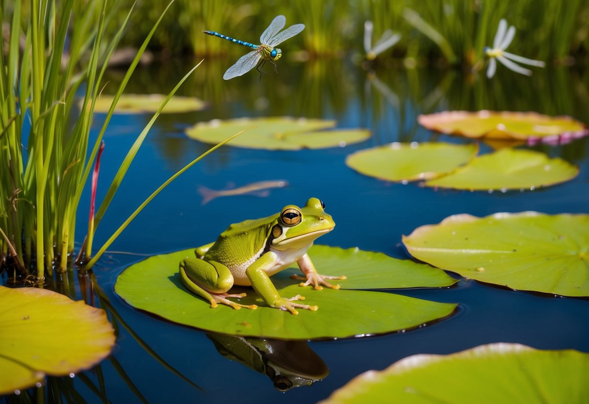 A frog perched on a lily pad at the edge of the pond, surrounded by tall grasses and colorful water lilies. Dragonflies flit above the water, and small fish swim near the surface