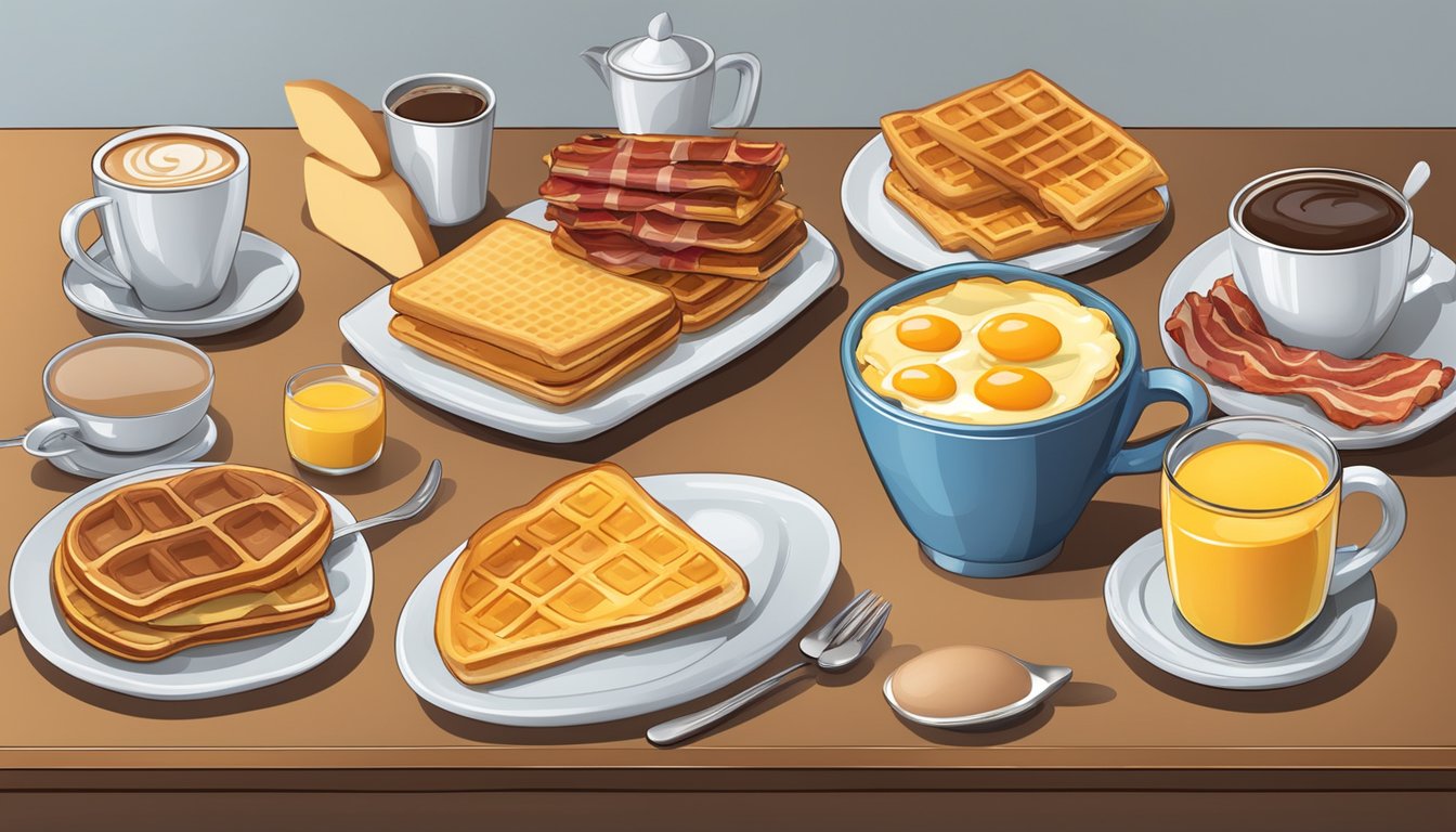 A table set with a variety of breakfast items including waffles, eggs, bacon, toast, and coffee, with prices displayed