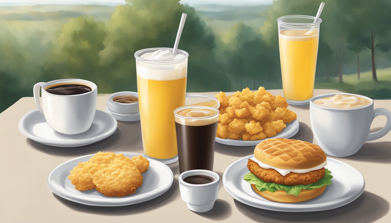 A table set with a classic Chick-fil-A breakfast spread: chicken biscuits, hash browns, fruit cups, and coffee