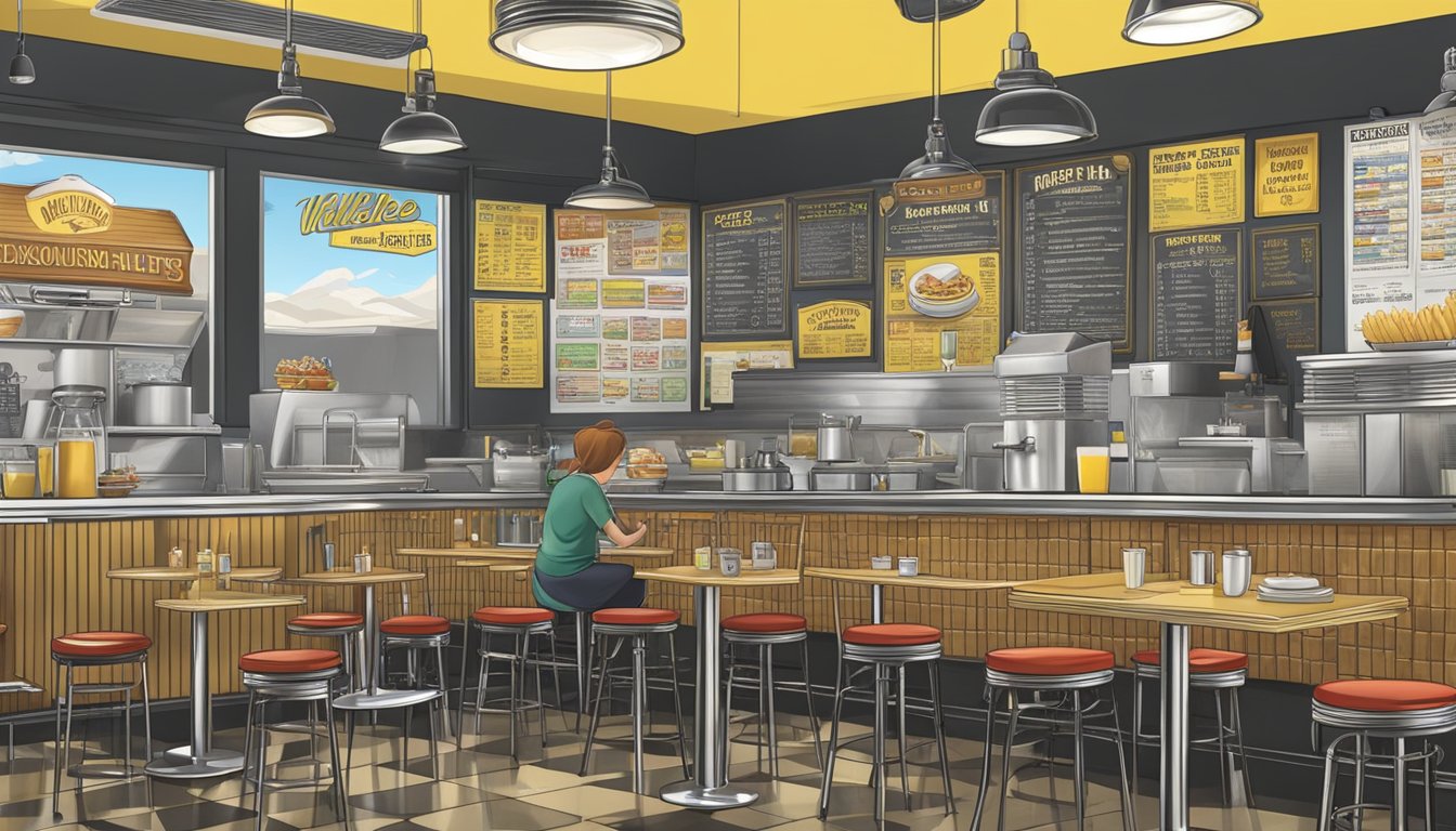 A bustling Waffle House diner with a full breakfast menu displayed on a chalkboard, prices included. Customers enjoy their meals at the counter and booths