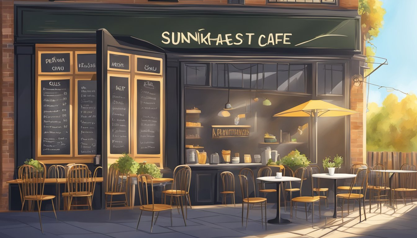 A sunlit cafe with a chalkboard sign advertising breakfast hours and menu options. Tables and chairs are set up for morning diners