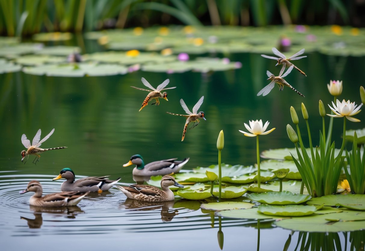 A serene pond edge with ducks swimming, frogs leaping, and dragonflies hovering above water lilies