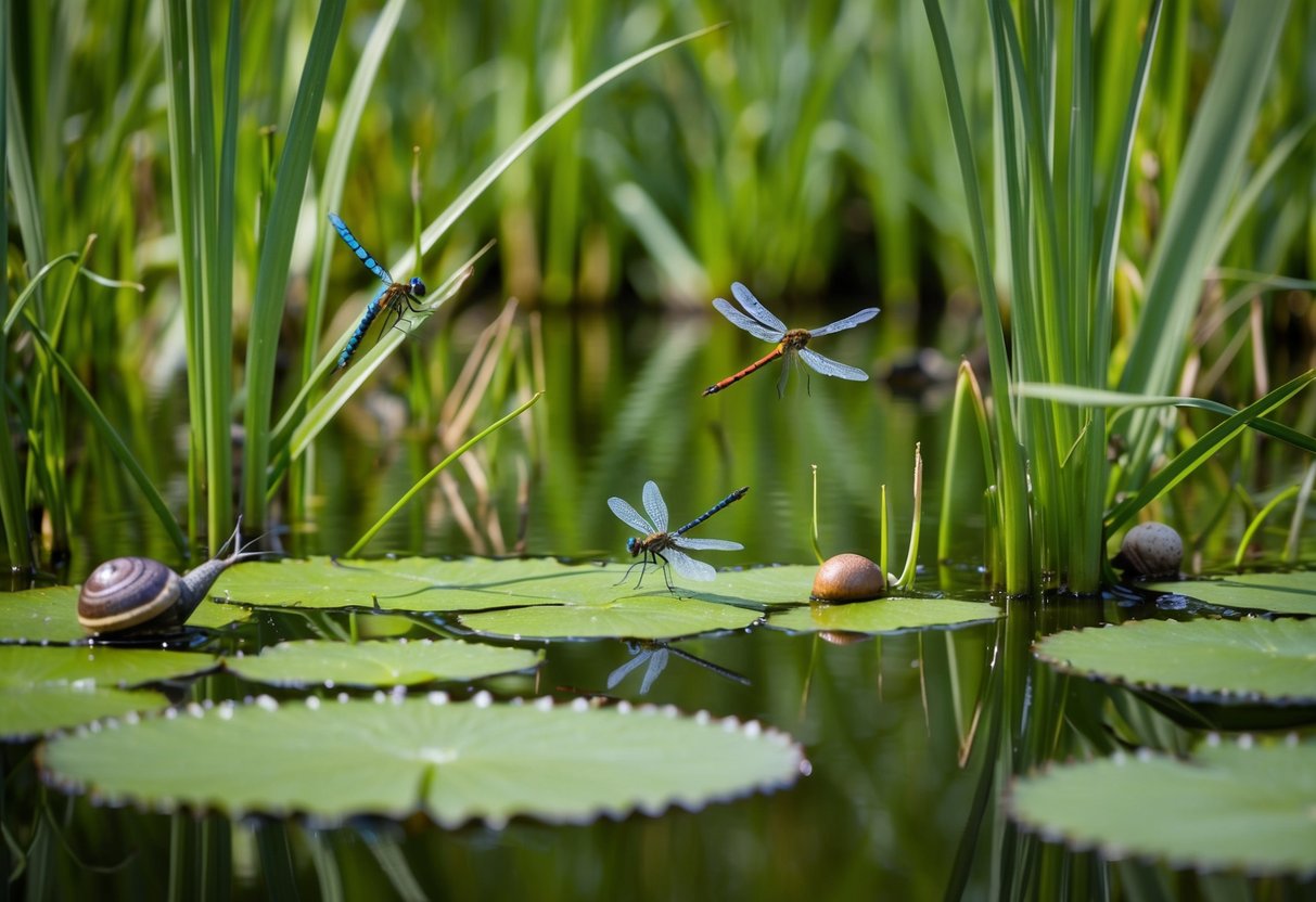 At the edge of the pond, invertebrates like dragonflies, water striders, and snails can be found among the reeds and lily pads