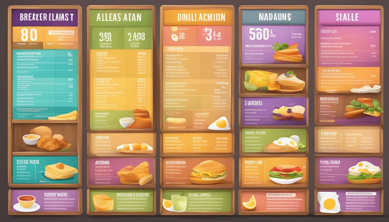 A colorful menu board displays a variety of breakfast options with prices, along with clear icons indicating nutritional information and allergy warnings