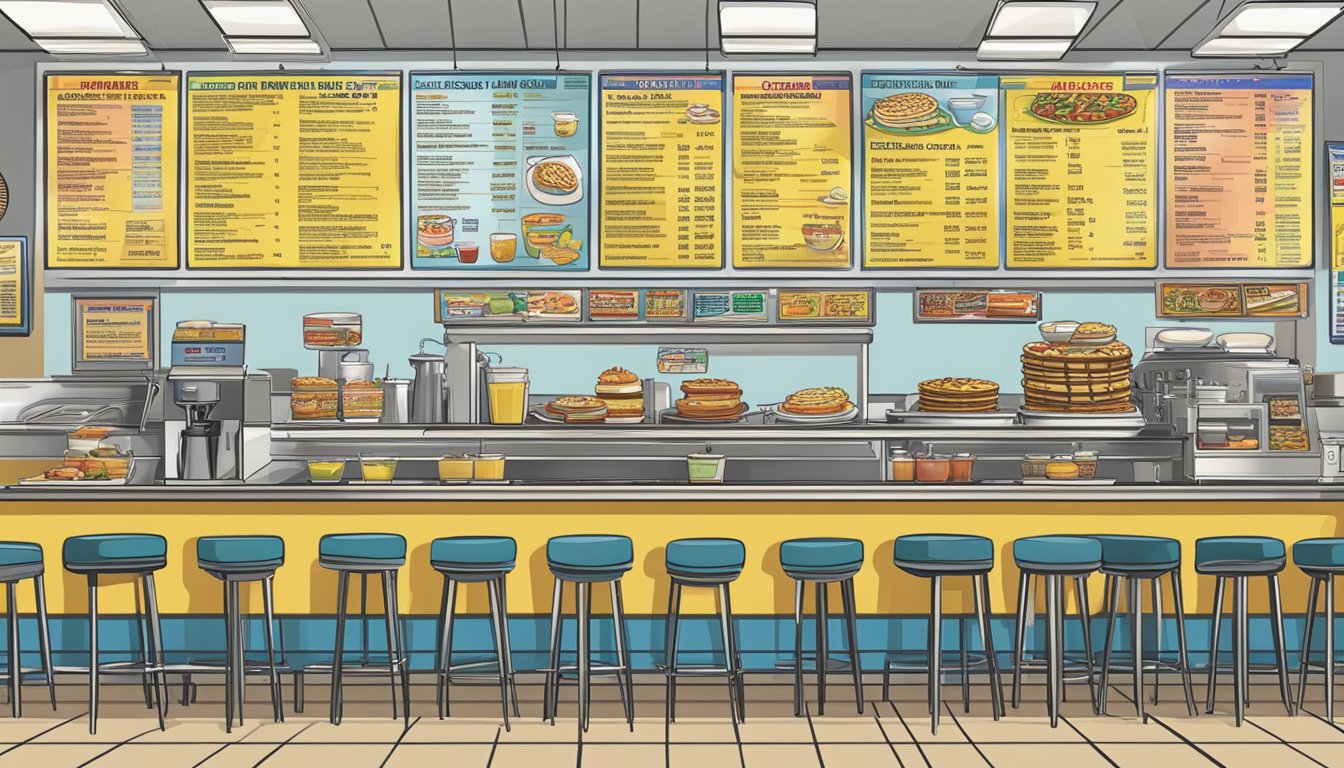 A bustling Waffle House with a colorful full breakfast menu displayed above the counter, showcasing various waffle and breakfast options with corresponding prices