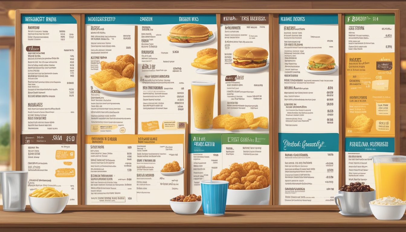 A breakfast menu board with prices, featuring sides and beverages at Chick-fil-A