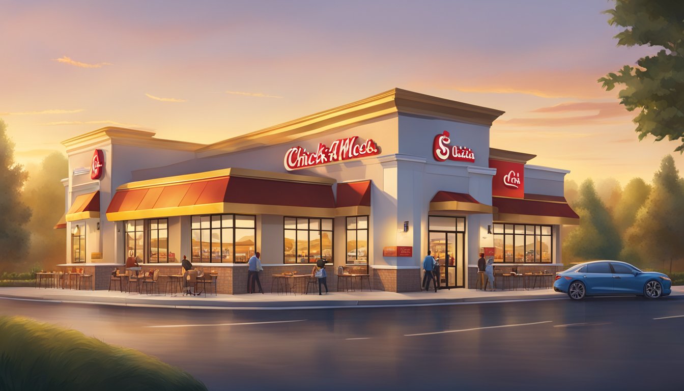 The sun rises over a Chick-fil-A restaurant, its golden arches glowing in the morning light. A menu board displays breakfast items and prices